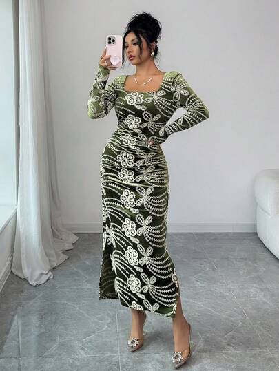 DAZY Elegant Green Ditsy Floral Rhinestone Embellished Dress, Suitable For Spring, Summer, Autumn Occasions Like New Year, Valentine's Day, Wedding, Party, Prom Wedding Guest Dress