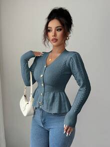 Elenzga Áo len cardigan dệt kim ôm sát cổ chữ V nhún bèo thanh lịch dành cho nữ, thích hợp cho kỳ nghỉ lễ và nghỉ dưỡng, mùa thu/đông - Màu xanh bụi bặm - Xem 5