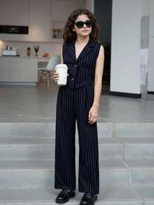 Sparklyn Tween 女孩优雅都市通勤蓝白条纹西装背心和裤子两件套，优雅适合婚礼、婚礼宾客