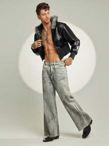 FeverCity 男式纯色长袖拉链连帽仿皮夹克，带毛领，适合秋冬 - 黑色 - 查看 5