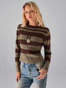 SHEIN TRNDY 1 件女式套头毛衣，棕色，复古简约通勤风格，圆领，拼色条纹长袖，针织，休闲，秋冬 - 棕色 - 查看 6