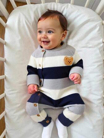 SHEIN Contrast Color Long Sleeve Newborn Baby Bear Sweater Romper