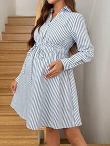 SHEIN Striped Long-Sleeved Casual Everyday Dress For Pregnant Women; Maternity Wear; Blue And White Striped Cotton Dress; Maternity Dress  Winter Dress Women  Winter Clothing Cotton Dresses Women Shirt Dress Long Sleeve Summer Dresses Blue And White Striped Dress Casual Dress - Blue and White - View 6