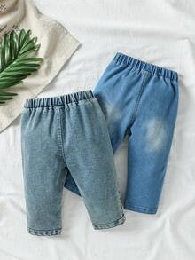 SHEIN Vintaside Kids 2 件套男婴儿童长牛仔裤，适合家庭出游、户外等场合，男童秋季服装，百搭款式，3 个月至 3 岁儿童 - 彩色 - 查看 2