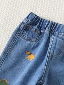 Cozy Pixies 男婴卡通恐龙图案松紧腰裤，百搭舒适 - 藍色 - 查看 4