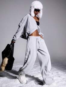 LYSMO 2025新款女士极简主义冬季休闲日常灰色水钻抽绳腰阔腿保暖闪亮运动裤，适合外出、街头风冬季穿搭、秋冬圣诞派对新年造型，亮片闪耀长裤 - 淺灰色 - 查看 6