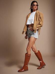 SHUZIA Women's Comfortable Chunky Lug Sole Knee High Boots With Adjustable Buckle - Brown - View 3