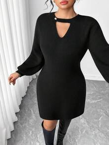 Elenzga Plus Size Casual Pearl Button Sweater Dress - Black - View 6