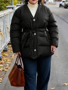 INAWLY Plus Size Women V-Neck Cinched Waist Padded Coat - Black - View 5