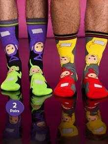 Teletubbies X SHEIN 2Pairs Soft & Breathable Moisture-Wicking Casual Men Mid-Calf Socks With Cartoon Pattern Fashionable Cute Grey & Black Crew Socks Reinforced Toe & Heel For Durability Unisex Women All Season All-Match Summer Winter