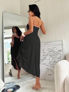 SHEIN 蕾丝边柔软舒适女式长睡袍 - 黑色 - 查看 2