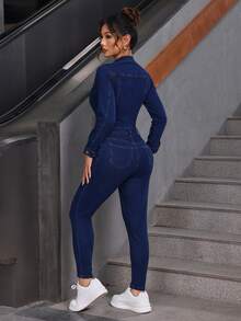 SHEIN PETITE 女式短袖纽扣半开襟喇叭休闲牛仔连体裤 - 藍色 - 查看 6