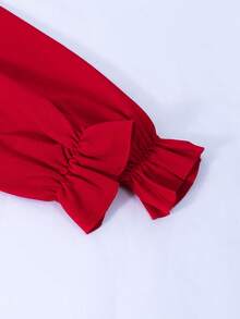 少女优雅蓬松珍珠装饰长袖亮红色连衣裙，适合婚礼、典礼、宴会、舞会、毕业派对 - 紅色 - 查看 3