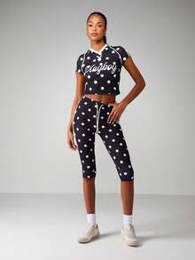 Missguided x Playboy Áo bóng đá chấm bi tay ngắn crop top cổ chữ V và số thể thao - Đen và trắng - Xem 3