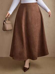 Dazy Plus Plus Size Women Elegant Thickened Long A-Line Suede Skirt, Fashion Autumn/Winter - Coffee Brown - View 8