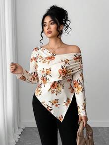 SHEIN Elenzya Women's Fashionable Elegant Off-Shoulder Fitted Asymmetrical Hem T-Shirt