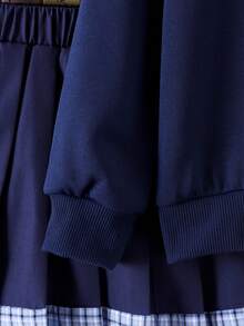 Young Girls Navy Blue Plaid Collar Long Sleeve Embroidered Horse Polo Shirt Top Paired With Pleated Skirt Set, Spring/Autumn, Collegiate Style Children Fashion 2 Pieces Outfit