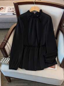 GlowEve CURVE 大码女式立领长袖纯色衬衫，适合日常通勤，秋冬季，百搭时尚，显瘦 - 黑色 - 查看 1