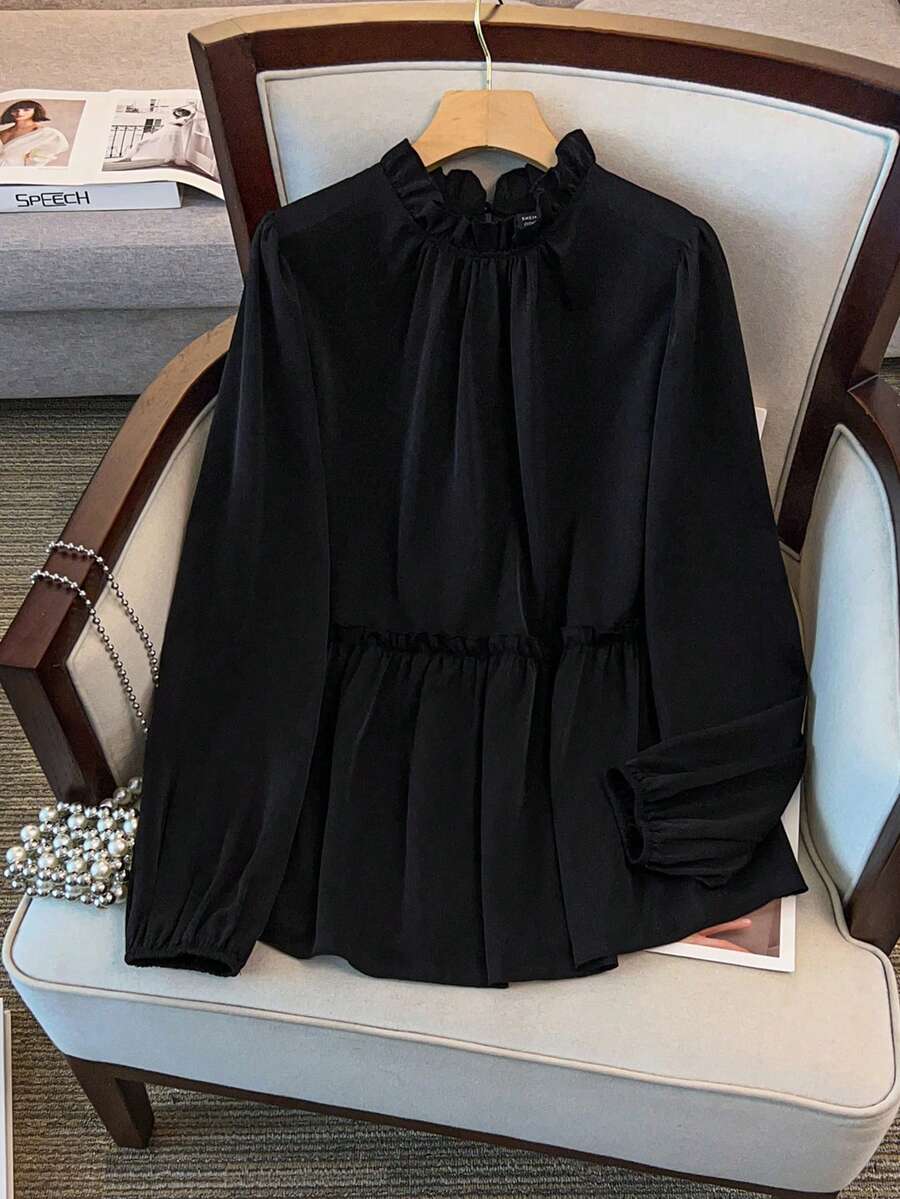 GlowEve CURVE 大码女式立领长袖纯色衬衫，适合日常通勤，秋冬季，百搭时尚，显瘦 - 黑色 - 查看 1