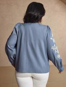 Dazy Plus Plus Size Women Open Front Casual Loose Graphic Print Shirt, Blue, Spring/Autumn Carnival - Blue - View 2