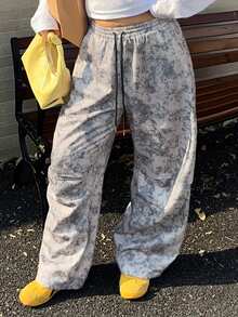 Dazy Plus Asymmetrische Batik-Elastikbund Kordelzug Loose Street Style Große Größen Frauen Plissee Lang Jogginghose - Grau - Übersicht 4