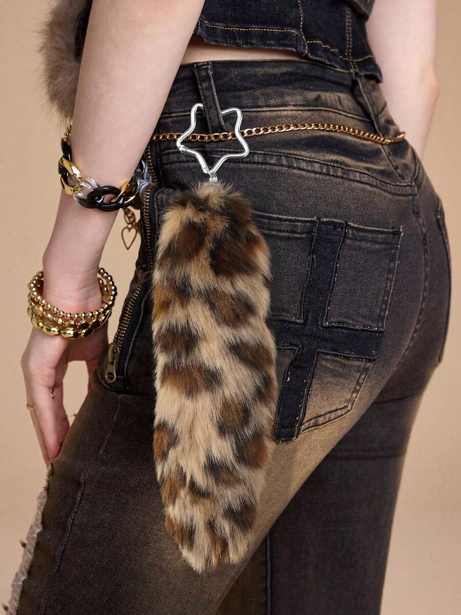 ROMWE Grunge Punk 1 件 Y2K 复古别致可爱高品质棕色仿皮草豹尾设计钥匙扣和包包挂件，适合女性，是日常使用和节日的绝佳礼物