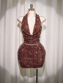 SHEIN ICON Váy ngắn bodycon lấp lánh kim sa cỡ lớn, váy dự tiệc lấp lánh - Màu Đỏ Sâu - Xem 7
