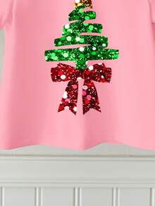 SHEIN Kleine Mädchen Happikins Fröhliche Weihnachten süßer glitzernder strukturierter Stern & Schleife Weihnachtsbaum Muster pudrig rosa festliche lässige minimalistische Rundhals Kurzarm T-Shirt, geeignet für Sommer Weihnachten - Verschiedenfarbig - Übersicht 5
