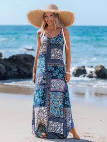 Sylviya Women Summer Holiday Loose Peasent Print Spaghetti Strap Dress