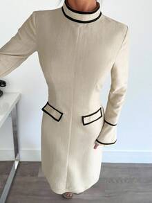 Siren Gaze 女士撞色镶边连衣裙、优雅办公室长袖连衣裙、鸡尾酒会晚礼服 - 杏色 - 查看 3