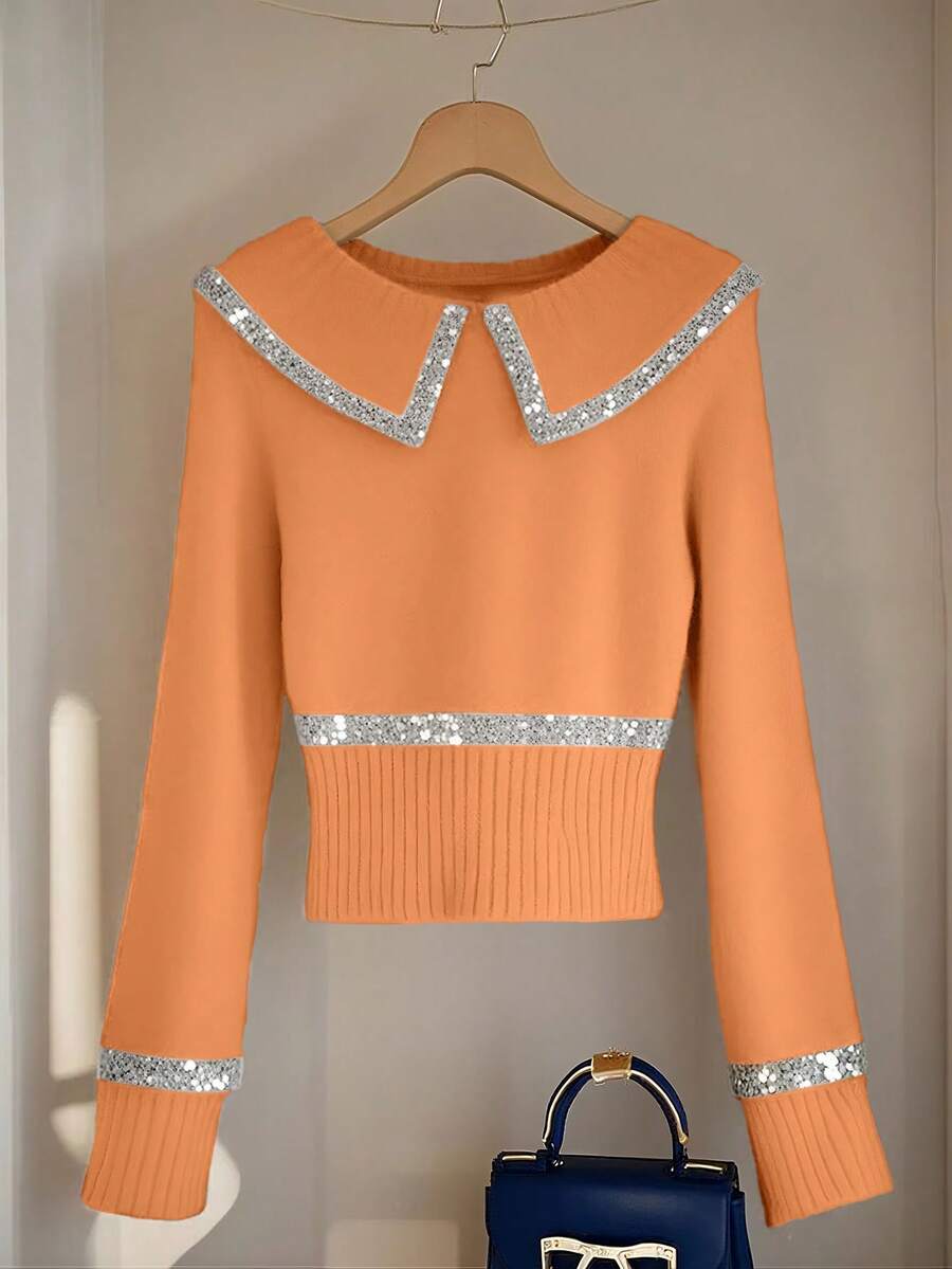 SHEIN Franclia Áo len dệt kim ôm sát tay raglan cổ bẻ thời trang tối giản thanh lịch dành cho nữ - trái cam - Xem 1
