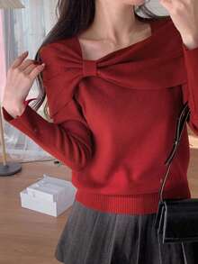 DAZY Áo len trễ vai màu đỏ dành cho nữ, thiết kế tinh tế, thanh lịch, giảm tuổi tác, làm thon gọn, áo thu/đông - Màu Đỏ Sâu - Xem 1