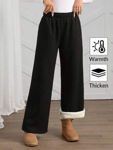 Easowa Women's Thermal Lined Straight Leg Pants With Pockets And Elastic Waistband, Black, Autumn/Winter Winter Women Clothes - Black - View 3