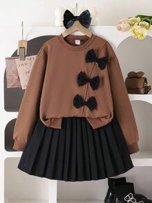 Bộ 2 món: Áo nỉ dài tay họa tiết nơ và chân váy mini xếp ly màu đen - Cà phê nâu - Xem 3