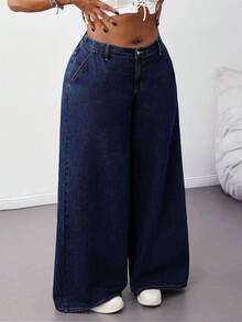 SHEIN Tall CURVE 大码夏季秋季返校季可爱2000年代风格卡哇伊Y2K机场休闲老钱风图卢姆水洗低腰阔腿蓝色宽松牛仔裤 - 深色水洗藍 - 查看 5