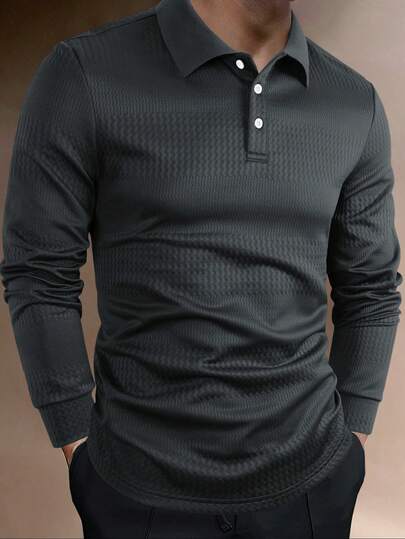 Manfinity Homme 男士休闲日常通勤简约纯色纹理面料长袖 Polo 衫，春秋季男士纽扣针织 Polo 衫，男士高尔夫球衫，男士长袖商务休闲上衣，男士针织衬衫，复古风格，适合日常休闲、周末旅行、户外活动、探险旅行、轻松的工作环境或半正式场合，男友/丈夫礼物，周年纪念礼物，圣诞节男士高尔夫球衫