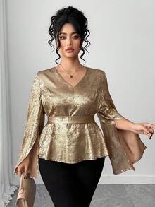 Elenzga 大码女式优雅法式闪亮金属面料衬衫，V 领，系腰带，喇叭形长袖，适合日常外出、聚会、约会、酒吧，独特的闪亮哑光面料，春季衬衫 - 金色 - 查看 3