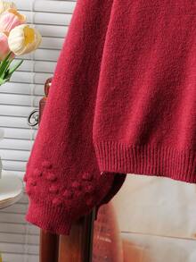 女童乡村手工刺绣可爱圆领长袖针织毛衣上衣，秋冬 - 酒紅色 - 查看 5