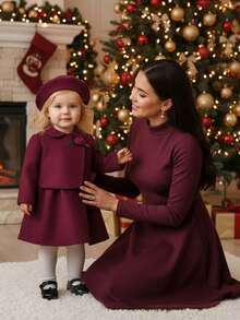 SHEIN 两件套女童优雅紫色无袖连衣裙外套套装，秋冬季 - 中紫紅色 - 查看 2