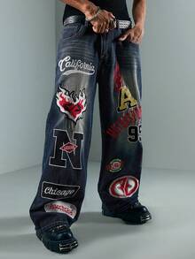 ROMWE MEN Grunge Punk Jeans rectos y sueltos con bordados y bolsillos para hombre, moda urbana - Azul - Ver 5