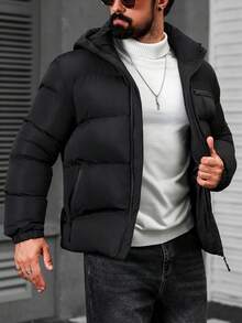 Manfinity CasualCool 男士纯色立领冬季夹克，男士冬季外套，纯色加绒保暖冬季外套，男士羽绒服，黑色男士夹克，男士外套，男士冬季服装，男士夹克和大衣 - 黑色 - 查看 4