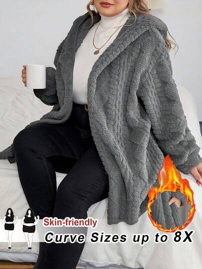 SHEIN CURVE+ Curve 大码/秋装/秋季女装/女士冬装/冬装女士大码黑色纹理羊毛混纺连帽夹克，适合冬季/秋季/冬季