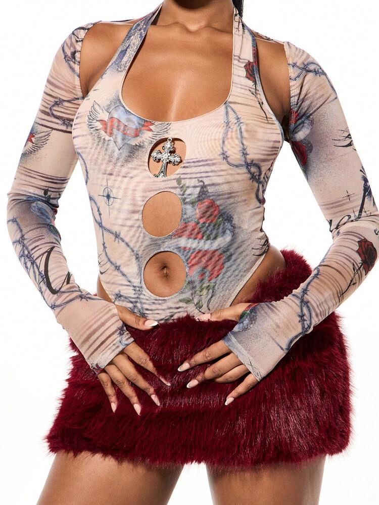 SUMWON WOMEN Tattoo Printed Mesh Long Sleeve Bodysuit With Cutout Details Halter Neck Shrug Style