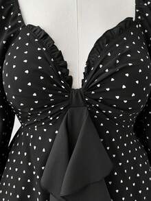 Sunspun 大码可爱心形和波尔卡圆点印花黑色连衣裙 - 黑色 - 查看 3