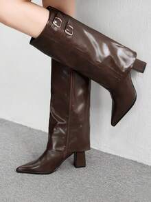 CUCCOO BIZCHIC High Shaft Pointed Toe Chunky Heel Side Zipper European And American Fashion Women Boots - Brown - View 4