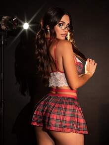 Fantasy Costume 3 件性感格子服装套装（上衣、裙子、领带） - 酒紅色 - 查看 2