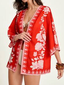 CAJUNI Women's Floral Print Open Front Loose Kimono Cover Up, Suitable For Summer Vacation,Christmas - Red and White - View 7