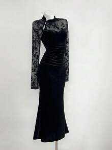 Elamini 女士黑色天鹅绒和网眼面料中式领侧开衩珍珠纽扣褶腰鱼尾长袖超长连衣裙，优雅的中国复古风格，适合派对、通勤、约会，百搭秋冬 - 黑色 - 查看 1