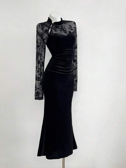 Elamini 女士黑色天鹅绒和网眼面料中式领侧开衩珍珠纽扣褶腰鱼尾长袖超长连衣裙，优雅的中国复古风格，适合派对、通勤、约会，百搭秋冬