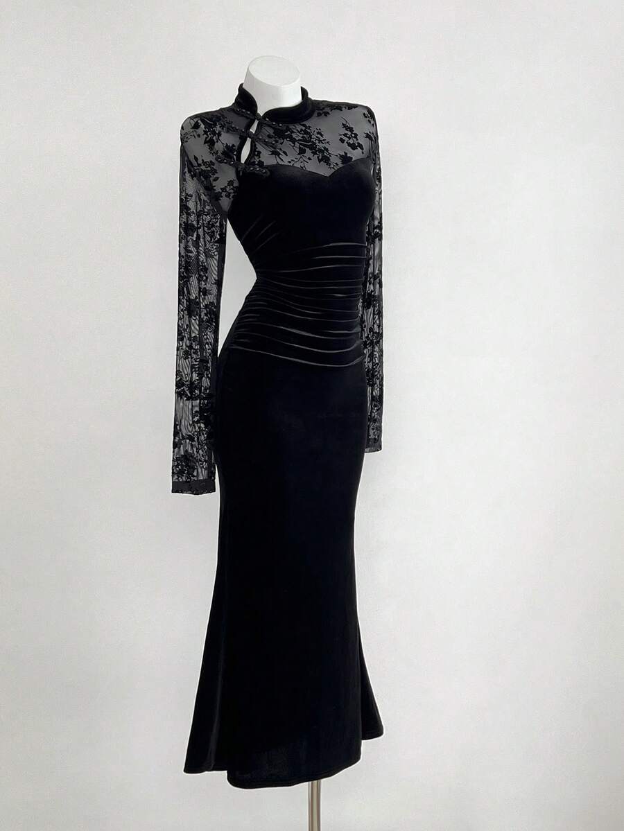 Elamini 女士黑色天鹅绒和网眼面料中式领侧开衩珍珠纽扣褶腰鱼尾长袖超长连衣裙，优雅的中国复古风格，适合派对、通勤、约会，百搭秋冬 - 黑色 - 查看 1